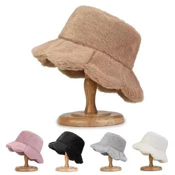 Noi de Iarna Imitație de Blană de Iepure Găleată Pălărie de Culoare Solidă Versatil Drăguț de Pluș Cald Frunze de Lotus Panama Pescar Pălării pentru Femei 8