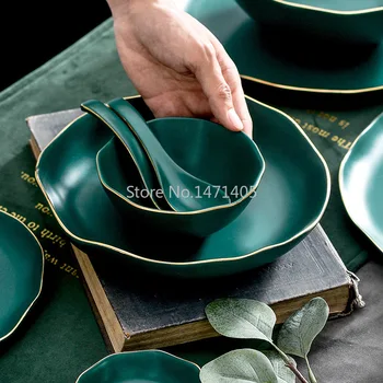 Nou Stil Nordic Creative Simplu Retro Păun Verde Ceramice de Aur Tacamuri Retro Castron si Farfurie Set 6