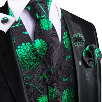 Noutatea Verde Negru Mens Mătase Veste Floral Jacquard Vestă, Cravată Batista Butoni Brosa pentru Barbati de Nunta Formale de Business Hi-Cravată 2