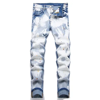 Oamenii Spălate Denim Blugi Streetwear Pictat Butonul Albastru Zbura Pantaloni Slim Pantalon Conic 11
