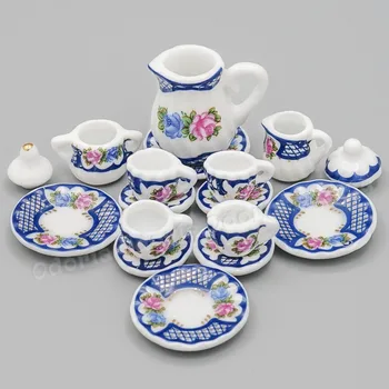 Odoria 1:12 Miniatură 15BUC de Ceai din Portelan Set de Ceasca Albastru Tacamuri, Ceainic Teaware Fierbător Bucătărie casă de Păpuși, Accesorii Decor