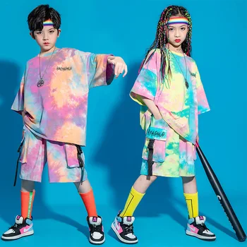 Pantaloni Scurți de marfă Hip Hop Costum de Scenă Copil Kpop Tinuta vestimentara pentru Fată Băiat Graphic Tee Tie Dye Supradimensionat Tricou Top Streetwear 19
