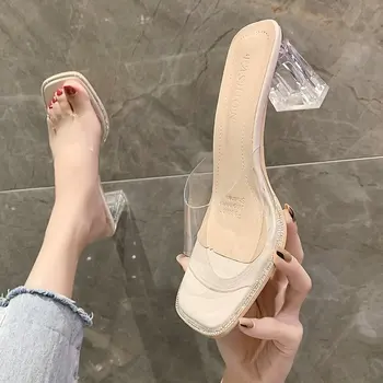 Pantofi Femei 2023 Redus de sex Feminin Papuci de casă Sclipici Tobogane cu toc Pătrat Transparent Toc Toc Catâri Moda Noua Jeleu Bloc de Vară Hig 8