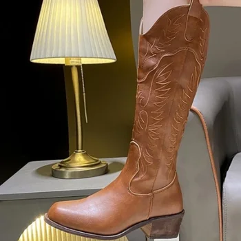 Pantofi pentru femei 2023 cu Fermoar de Înaltă Calitate pentru Femei Cizme de Toamna Deget de la picior Pătrat Solid Genunchi-Mare Platforma Indesata Toc de Vest Cizme Înalte 16