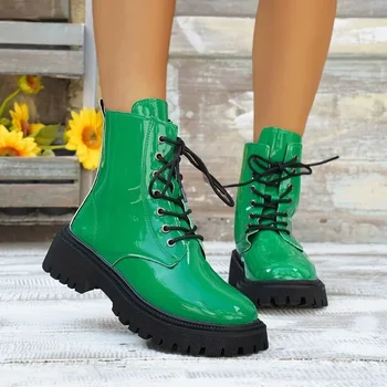 Pantofi pentru femei pe Vânzare 2023 Înaltă Calitate Dantelă Sus Cizme de sex Feminin Iarna Rotund Deget de la picior Solid Scurt Baril Toc Scăzut de Mari Dimensiuni Cizme de Moda 8