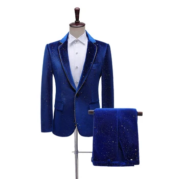 Personalizate de Moda Albastru catifea aurit costume de nunta pentru bărbați Formale gazdă cantareata etapă performan Mirele Petrecere Bal Sacou costum homme 턱시도