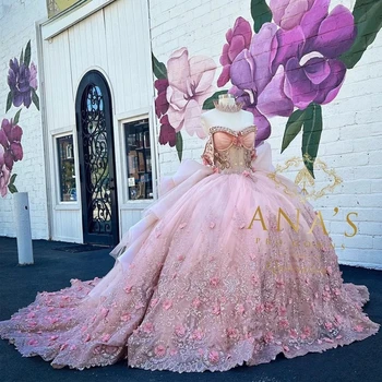 Pink Princess Rochii Quinceanera Rochie De Minge De Pe Umăr Aplicatii De Cristale Dulce 16 Rochii De 15 Ani Mexican 17