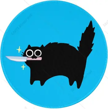 Pisica neagra cu Cuțitul Drăguț Rotund Mousepad cu Non-Alunecare de Cauciuc de Bază Marginea Cusute pentru Mouse-ul de Birou Jocuri Acasă de Lucru 7.9 Inch 19