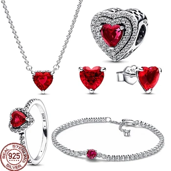 Populare argint 925 temperament inima rosie set de serie, rafinat și fermecător bijuterii, ziua de naștere a stabilit ca un cadou pentru prieteni 5