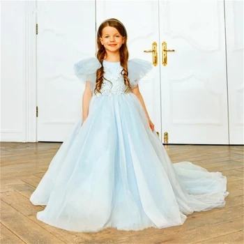Prima Împărtășanie Rochii De Copii De Ziua Surpriză Prezentarea Elegant Lumina Cerul Albastru Tul Dantela Imprimare Fata Rochie De Flori Prințesă Mingea 16