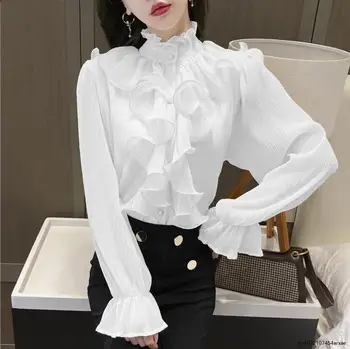 Primavara Toamna Bază Tricouri Bluze De Moda Pentru Femei Cu Maneca Lunga Eleganta Doamnă Birou De Lucru Solid Alb Ciufulit Topuri Chic Blusas 12