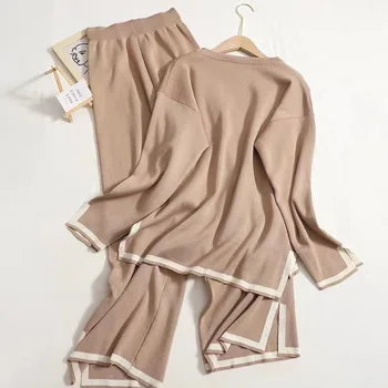 Primavara Toamna Temperament Pantaloni Seturi de Contrast de Culoare Pulover Tricot Set de Două piese Set de Slăbire Largi Picior Pantaloni Seturi 20
