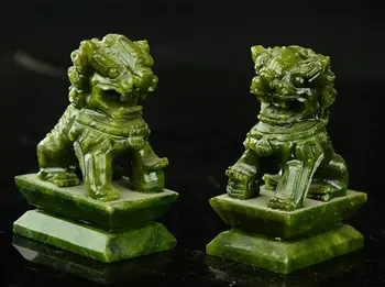 Rar O pereche 100% China naturale de jad statui sculptate manual fo câine leu statui pentru decor 10