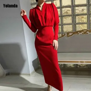 Red Fashion 2024 Design Nou Sirena Rochii de Seara Zburli V-Gât Satin Completă fără Mâneci Rochie de Petrecere Anke Lungime Halat de petrecere 4