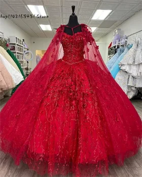 Roșu Princess Rochii Quinceanera 3D Aplicatiile Florale cu Margele Dantelă Dantelă-up Dulce de Absolvire 16 Bal Mexican Vestidos De 15 7