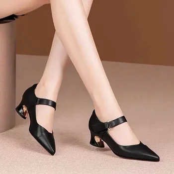 Sapatos Femininas Femei Drăguț Dulce Brevet Negru Din Piele De Curea Cataramă Pătrată Pantofi Cu Toc Doamna Casual Bej Office Pompe H1261 6