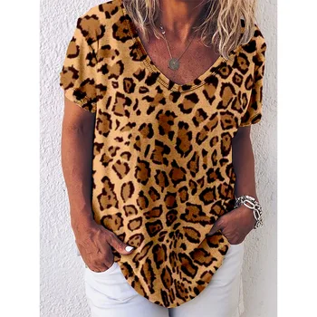 Sexy Leopard 3D Imprimate T-Shirt pentru Femei de Moda Camasi Vintage Short Sleeve V-Neck Streetwear Teuri Harajuku Y2k Fete Cool Topuri