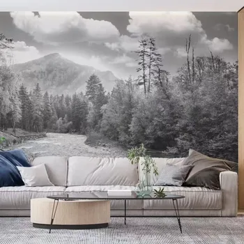 Tapet personalizat Nordic alb și negru de pădure peisaj de munte cameră de zi dormitor fundal decor de perete tapet 3D 14