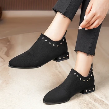 Toamna Pantofi de Iarna pentru Womnen Noul Negru pentru Femei Cizme Glezna 2023 Moda Nit Pionted Deget de la picior Toc Indesata Femei Chelsea Cizme 7