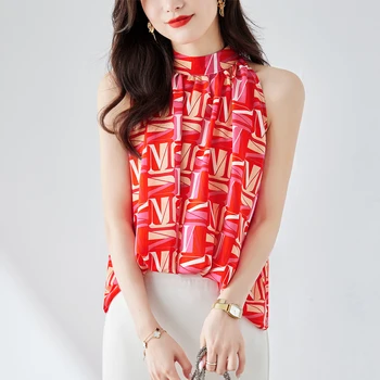 Vara 2023 Noua Moda Femei Bluza Fără Mâneci Șifon Elegant Scrisoare De Imprimare Pulover V-Neck Top Office Lady Formale Tricouri 17