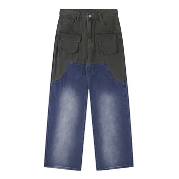 Vintage Largi, Hip-Hop Blugi Pantaloni De Culoare Bloc Mozaic Streetwear Pantaloni Din Denim Pentru Bărbați Spălat 6