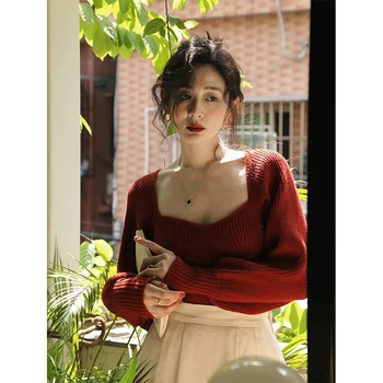 Vintage Solidă Pulover Femei Square Gât Pulovere Tricotate Coreean Elegant Slim Tricotaje Streetwear Harajuku Toate Se Potrivesc Jumper Nou