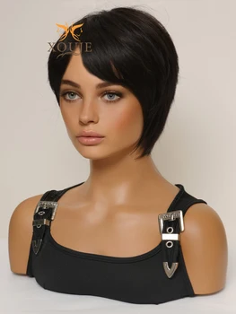 XOUJE Natural negru scurt peruca drepte pentru femei, sintetic rezistent la căldură peruca, mature și răcoritoare peruca pentru uzura de zi cu zi 7